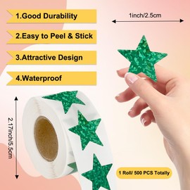 Green Star Stickers 500pcs Holographic Star Stickers for Kids Reward Glitter Foil Star Sticker Roll 1" Self Adhesive Metallic Star Label Sparkly Sticker for Behavior Chart DIY Craft Teacher Supplies