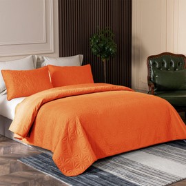 Whale Flotilla King Quilt Bedding Set, Soft Orange Bedspreads Quilts King Size for All Seasons, 3 Pieces Lightweight Geometric Star Pattern Coverlet