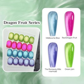 ADHERE Drachenfrucht Serie - Katze Auge UV Nagellack Set with Magnet Nagellack UV Lacke für Nägel Gellack UV Gel Nagellack uv Glitzernd schimmernd Funkeln 12ml 4 Farben Grün Rose Rot Lila Blau