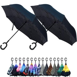 Parquet Purple and Blue Flower Double Layer Inverted Umbrellas - C Shaped Handle Reverse Folding Windproof Umbrella for Men and Women