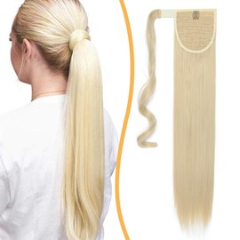 Long Straight Ponytail Wrap Around Ponytail Extensions 26 inch Synthetic Hair Piece Clip in Hairpiece #Bleach Blond