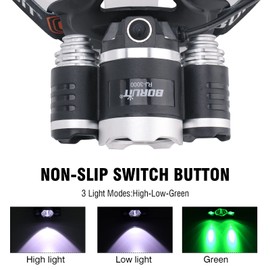 BORUIT RJ-3000 Rechargeabe LED Headlamp Super Bright with Green Light, 3 Modes Super Bright USB Head Lamp IPX4 Waterproof Headlight for Adults USB Outdoor Fishing Camping