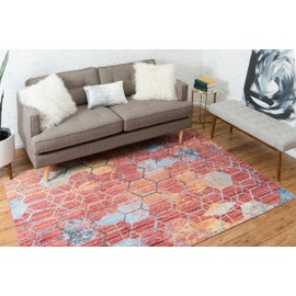 Unique Loom Rainbow Collection Geometric Abstract Trellis Modern Watercolor Red Area Rug (8' 0 x 11' 0)