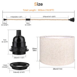 Zevnico 16.5FT Plug in Pendant Light, Hanging Lamp with Lampshade Plug in Cord Light Fixture, Hemp Rope ON Off Switch, Beige Linen Fabric Lamp Shade for Dining Room, Kitchen, Living Room, Bedroom