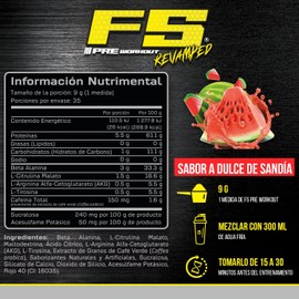 Forzagen | F5 Pre-Workout Revamped | 3 g Beta Alanina | 1.5 g Citrulina | 150 mg Cafeina | 35 Servicios | Sabor Dulce de Sandia | Pre Entrenamiento | Energía - Fuerza - Potencia + Rendiemiento para Entrenamientos Intensos | 315g | *Leer Advertencias*