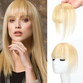 Clip In Fringe 100% Real Human Hair Bangs Hair Clip Thin Bangs On Hairpiece On Air Bangs With Temple Wispy Bangs Hair Extensions for women (Light blonde, 3D Wispy Fringe)