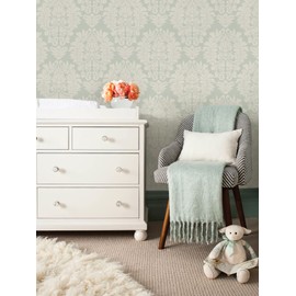 Simple Shapes Damask Classic Wallpaper - Peel and Stick (Single Sheet 2ft x 5ft, Sage Green)