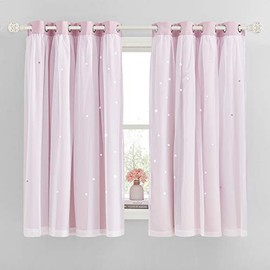 NICETOWN Pink Kids Curtains for Girls Bedroom, Nursery Star Hollow Out Blackout and Sheer Window Treatments with Grommet Top, 52 x 84 inches, Lavender Pink, Set of 2