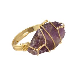 Natural Amethyst Crystal Rough Stone Wire Wrapped Ring, Yellow Gold Tone