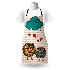 Ambesonne Owl Apron, Bird Couple in Love Rain Clouds Design Art Ornamental Pattern on Buffalo Check, Unisex Kitchen Bib with Adjustable Neck for Cooking Gardening, Adult Size, Teal and Peach