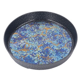 Small Tea Tray Complex Pattern Round Alloy Decorative Tea Serving Tray for Home Patio Porch Deck Blue