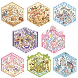 Snycler DIY 3D House Sticker Kit - 8 Sets of 3D Cartoon Scene Miniature Stickers for Adults & Kids, Fun Room Decor, Stress Relief, Creative Wall Art, Home Decoration（8sets-1）