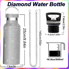 WINCHERRIA Bling Water Bottle Rhinestone,Diamond Water Bottle,Glitter Rhinestones Stainless Steel Thermal Bottle,Bling Cup for Women Girls,Bling Tumblers with 2 Style lids and 55in Chain (Silver)