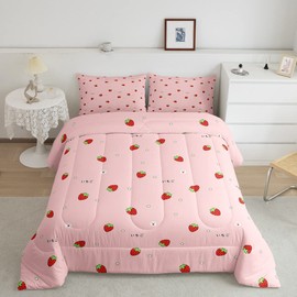 Girls Strawberry Comforter Set Twin Kawaii Strawberry Comforter For Kids Japanese Style Pink Cute Cartoon Fruit Food Theme Bedding Set Girly White Floral Down Comforter Reversible Soft Lightweight