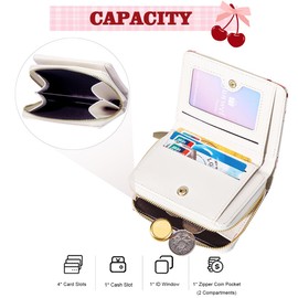 Sunwel Fashion Women Cute Print Wallets with Credit Card Slots ID Window & Zipper Coin Pouch (CHERRY BOW CREAM)