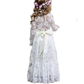 Toddler Flower Girl Fancy Ivory White Lace Boho Long Sleeve Full Length Slim Maxi Princess Dresses