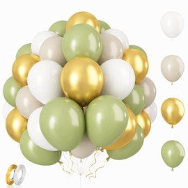 Sage Green Balloons, 12 Inch Retro Avocado Green and Metallic Gold Latex Balloons, White Sand Party Balloons with Ribbons for Jungle Theme Birthday Baby Shower Wedding Decoration