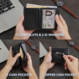 Swallowmall Airtag Mens Wallet with Coin Pocket RFID Bifold Genuine Leather Slim Wallet with ID Window 11 Card Holders for Him (Airtag Not Included)