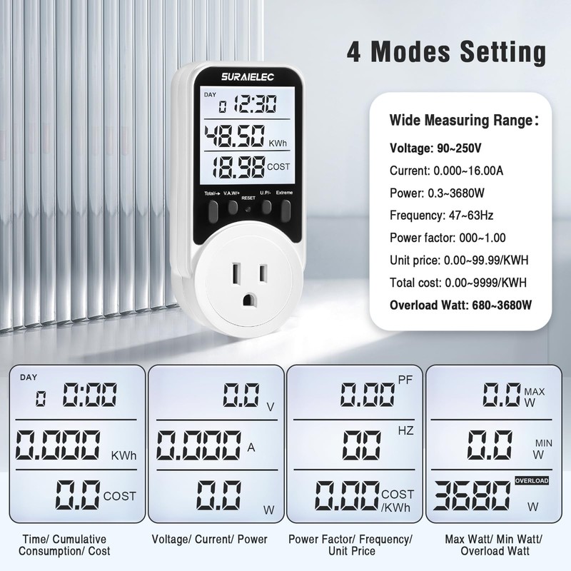 Suraielec Watt Meter, Plug-in Socket Power Meter, 90V-250V Wide Range,