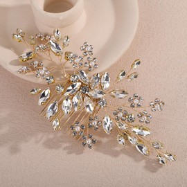 Teyglen Gold Wedding Rhinestone Hair Comb with Pearl Crystal Flower Hair Side Comb Bridal Crystal Headpiece Handmade Rhinestone Hair Piece Flower Headpiece Hair Accessories for Women (Gold)