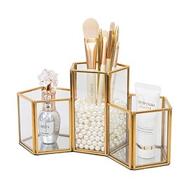 SLHEQING Make Up Organiser Beauty Organiser Jewellery Brush Holder Gold Glass Cosmetic Storage (C)