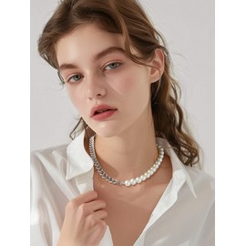 FindChic Chunky Cuban Link Chain Pearl Collar Necklace for Women 16inch Stainless Steel 16inch Punk Jewelry