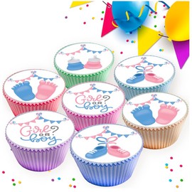 30 x PRE CUT BABY GENDER REVEAL BABY SHOWER BOY OR GIRL EDIBLE WAFER CARD RICE PAPER 4.5 cms CUPCAKE TOPPERS DECORATIONS