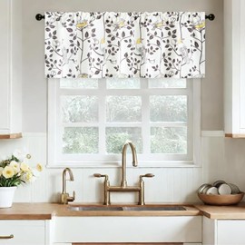 Leeva Kitchen Valances for Window, Elegant Bird Flower Pattern Valance Curtains for Living Room, Rod Pocket Linen Textured Durable Curtains for Bedroom, 60 x 18