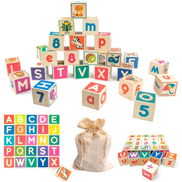 Quokka Wooden Blocks for Toddlers 1-3 Large, 26 Alphabet Number Animals Wood Blocks Puzzle Games for Babies, Montessori Learning Blocks for Toddlers 3-5 in a Bag
