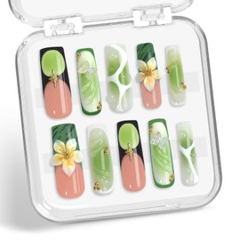 XGV 10pcs Handmade Press on Nails Medium Long Square Nails, Glossy Nude Pink and Green Fake Nails with 3D Flower Reusable Nails Tips