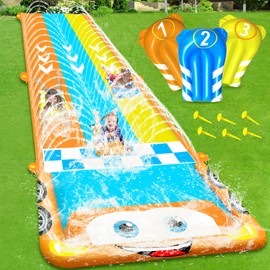 25FT Extra Long Water Slide for Kids, Race Car Triple Lane Lawn Water Slip and WaterSlides with 3 Bodyboards, Safety Fence, Heavy-Duty Outdoor Water Slides for Adults Backyard Sprinkler Summer Toys