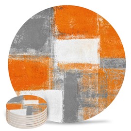 Coasters for Drinks Set of 6, Orange Gray White Abstract Graffiti Art Ceramic Cup Mat, Absorbent Round Ceramic Stone Coasters with Cork Base for Coffee Wooden Table Home Decor