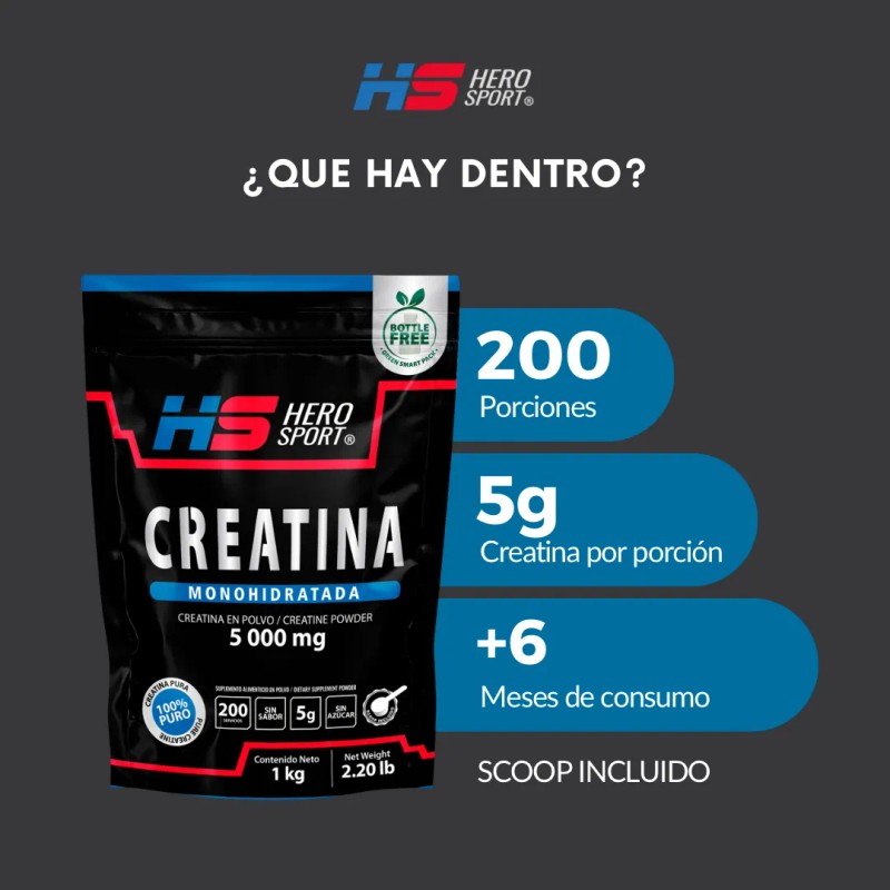 Creatina Monohidratada 1 Kg 200 Servicios Hero Sport Sabor Sin