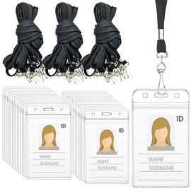 60Pcs Tag Protector Holder Kit Include 30Pcs Clear Plastic Horizontal Name Tags Badge Id Card Holders and 30Pcs Black Flat Neck Lanyards with Swivel Hook for Teacher Lanyard Key Bus Pass (30)