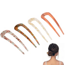 KICPUK 4 Pcs French twist Hair Fork U Shape Updo Hair Pins Clips 5 Inch Classic Cellulose Acetate 2 Prong Bun Hair