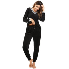 Totatuit Velvet Pyjamas for Women Casual Soft V Neck Long Sleeve Lounge Wear Pjs Set for Fall Winter 2 Piece Nightwear Pullover Top and Bottom with Pockets Black