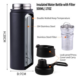 Tea Infuser Bottle With Removable Loose Leaf Tea Strainer Cup 18/8 Stainless Steel Portable Insulated Travel Tea Tumbler Black