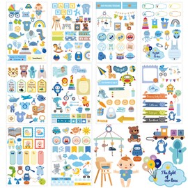 Tinoaly 10 Sheets Baby Boy Scrapbook Stickers, Various Designs Toddler Decals Adorable Scrapbook Supplies for Newborn Memory Keeping, Baby Boy Shower, Pregnancy Planner & First Year Journaling