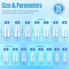 MEFA Nail Tips, Full Cover Nail Tips Set, Soft Gel Tips Set, Pre-Buff PMMA Resin Nail Tips, Artificial Nails for Sticking, Nail Art DIY, 15 Sizes, Short Almond, 300 Pieces