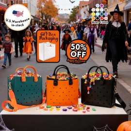 Trendy 2025 Halloween EVA Tote Bag Waterproof Large Handbag Punch Holes for Clog Charms Holiday Party Tote Halloween Bag Handbagsize: 10.8*8.6*2.95 inches, Color: HYB-T06