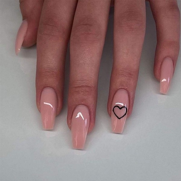 Nude Pink Heart Press on Nails 24PCS Glossy Full Cover Medium Coffin Artificial Fake Nail Love Style Design Nails for Women and Girls Party Salon