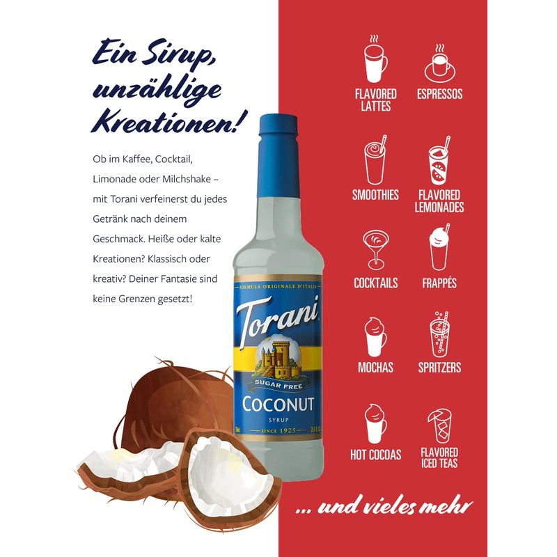 Torani Sugar Free Coffee Syrup, Coconut Flavored Syrup for Drinks,