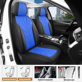 CAROMOP Luxury Faux Leather&Fabric Car Seat Covers 2 Front Seats with Breathable 3D Foam Back Support, Universal Seat Covers for Cars,Trucks,SUVs, Front Armrests Compatible(Black/Blue)
