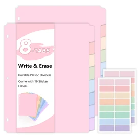 SKYDUE Durable Plastic 8-Tab Dividers,Big Tab Dividers for 3 Ring Binder, Write&Erase 3 Ring Binder Dividers with Tabs,with Sticker Labels