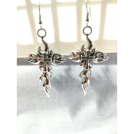 Unbranded FLAME CROSS FIRE CROSS DANGLING SILVER ALLOY & STEEL 2 1/2" PENDANT EARRINGS