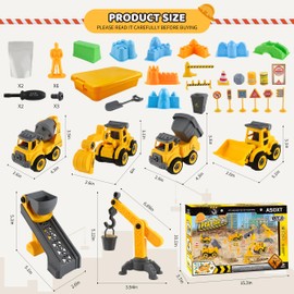 Asoxt Construction Sensory Playset - 43pcs Play Sand Art Kit- 2 lbs Sand,Sandbox,4 DIY Construction Trucks,Crane,Conveyor,8 Sand Molds,6 Figures,12 Road Signs - Ideal Toy for Boys & Girls Ages 3+