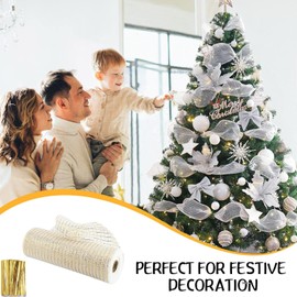 Christmas Tinsel Garland, Christmas Tree Decoration Garland, Shiny Christmas Tree Ornaments, Christmas Tree Wreath, Metal Foil Mesh Ribbon for Christmas, 26 cm x 9.14 m (White Silver)