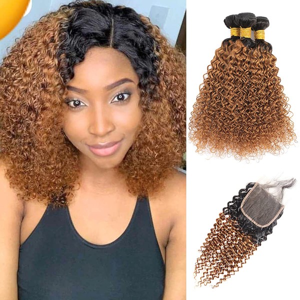 Ombre Brazilian Hair Jerry Curl 3 Bundles with Closure 100% Virgin Human Hair Mixed Size Two Tone Kinky Curly Hair Weave with Closure 10 12 14 with 10