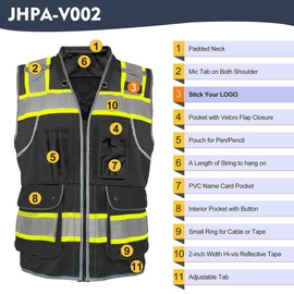 JHPAZUJA High Visibility Safety Work Vest for Men, Surveyor Safety Vest with Pockets, ANSI/ISEA 107-2020 Class 2（Black,XL