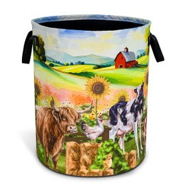 Highland Cow Chicken Farm Laundry Basket Cattle Oxford Cloth Laundry Hamper With Handle Foldable Portable Clothes Storage Basket 18.9 X 16.5 In Storage Bag For Laundry Room/Bathroom/Bedroom/Dormitorie